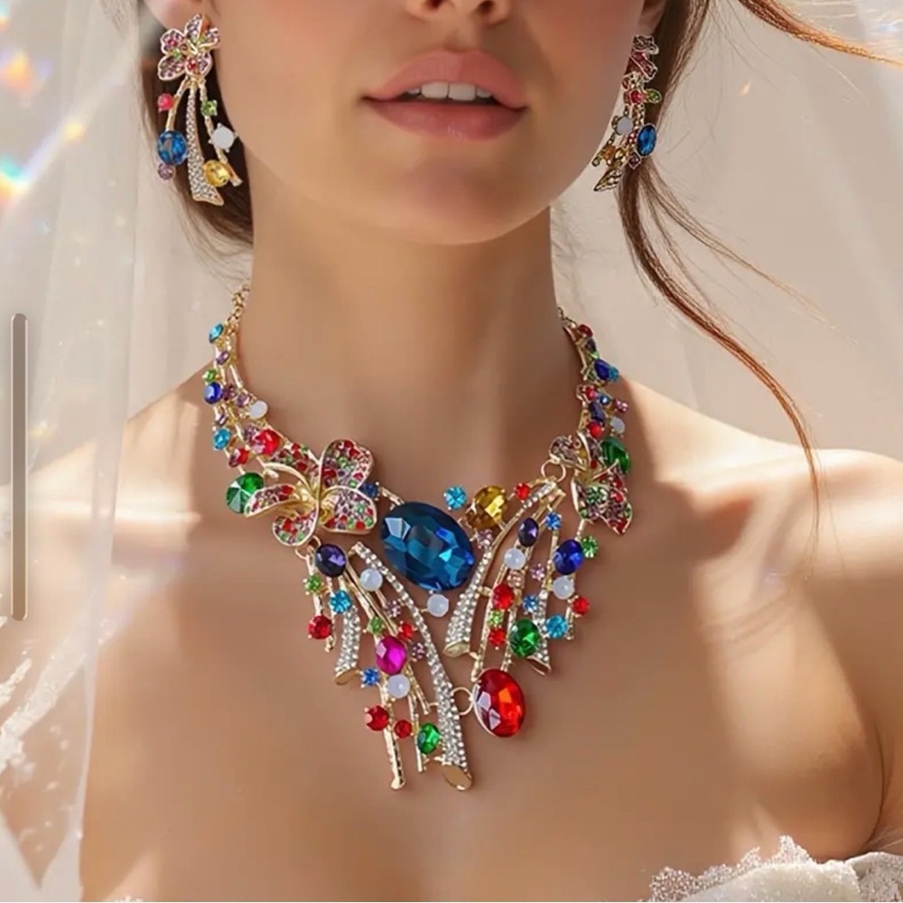 Multicolor Floral Statement Necklace and Earring Set. - Picture 3 of 6